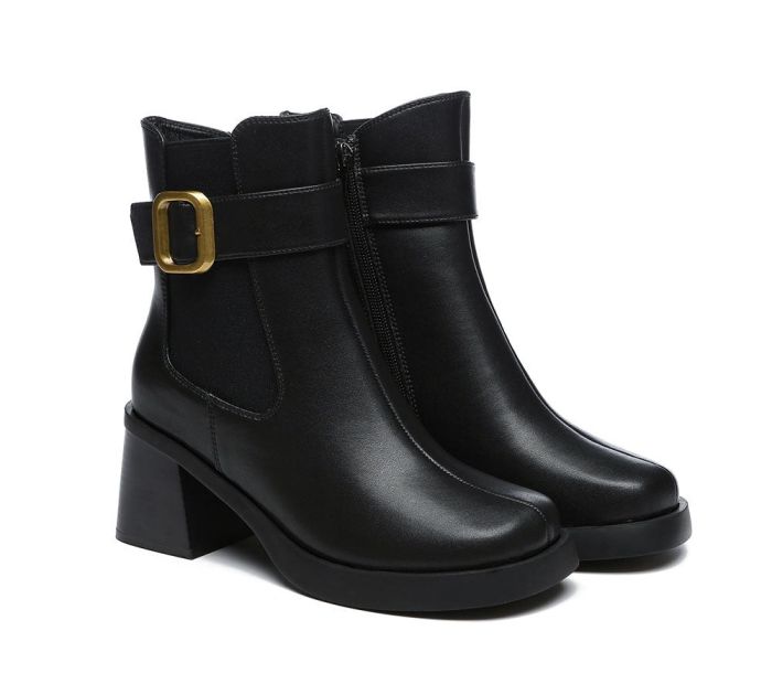 Women's Leather Heels Ankle Zipper Boots Jane-Black-40