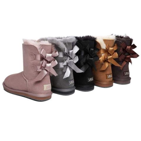 UGG Women Boots with Double Back Bow, Double-Face Sheepskin Short Ugg Boots