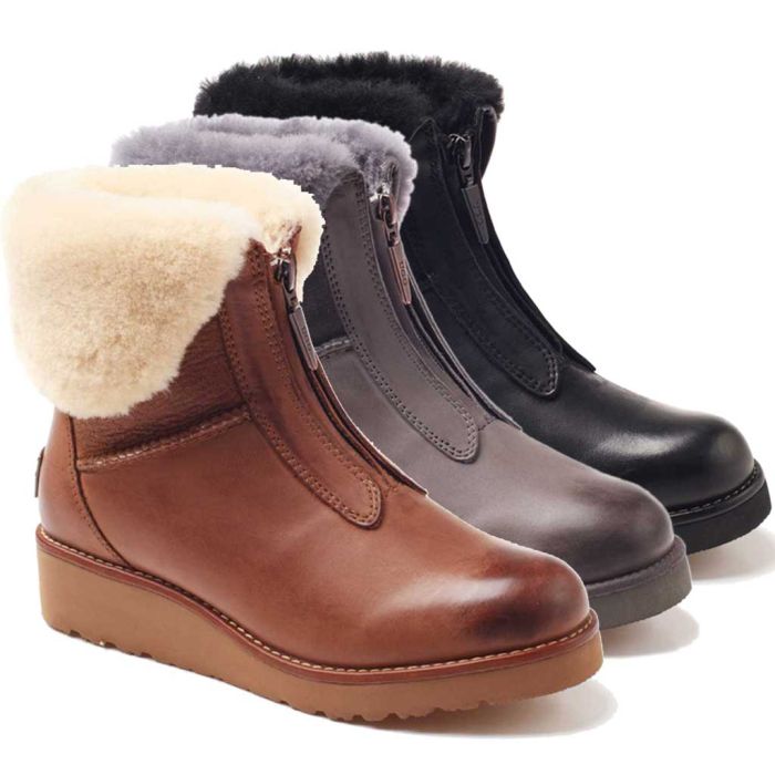 UGG OZWEAR Ladies Abir Collar Zip Boots Cowhide+Sheepskin Water Resistant