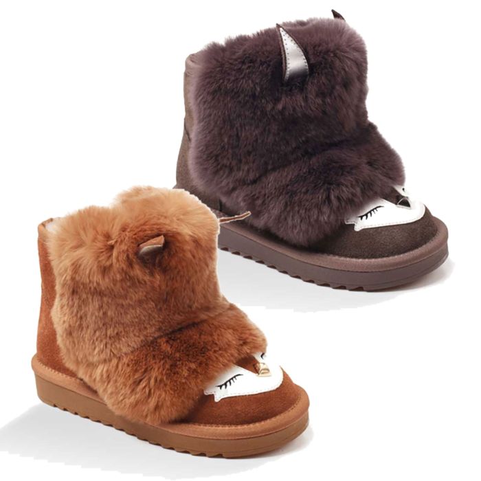 UGG OZWEAR Kids Zip Fox Boots Cow Suede+Rabbit Fur Premium Sheepskin Wool